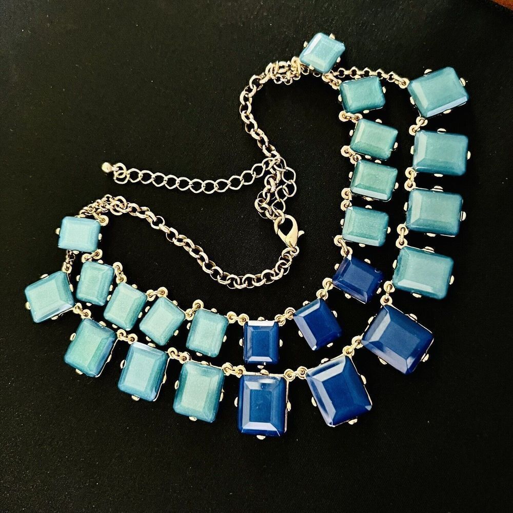 Statement Faceted Resin Stone Green Blue Gold Tone Bib Layered Necklace 4028